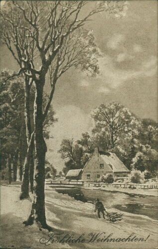 Postcard Christmas circa 1920? Landscape Building People (9867)