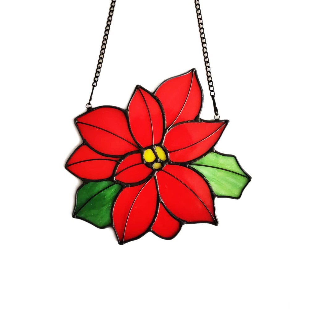 Stained Glass Poinsettia Flower Window Hanging Christmas Sun Catchers Holiday...