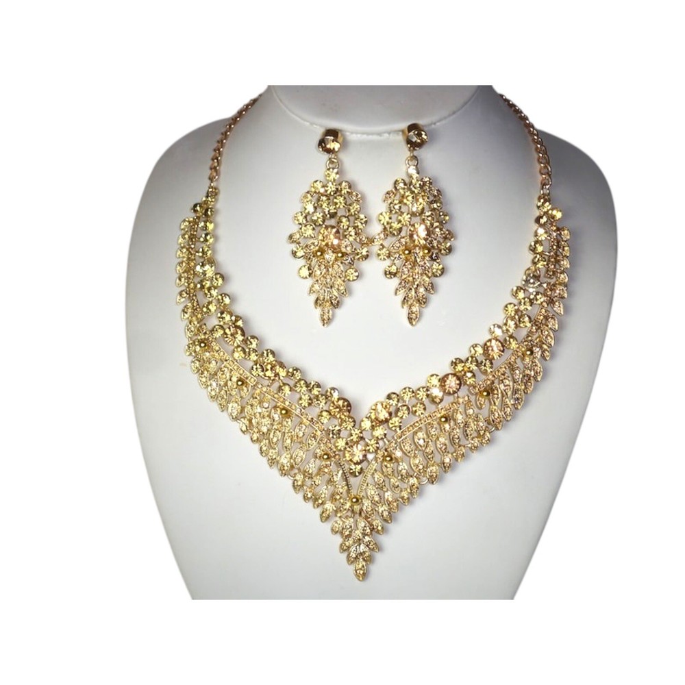 Gold Rhinestone Necklace & Earrings Set for Bridal Wedding Jewelry - USA