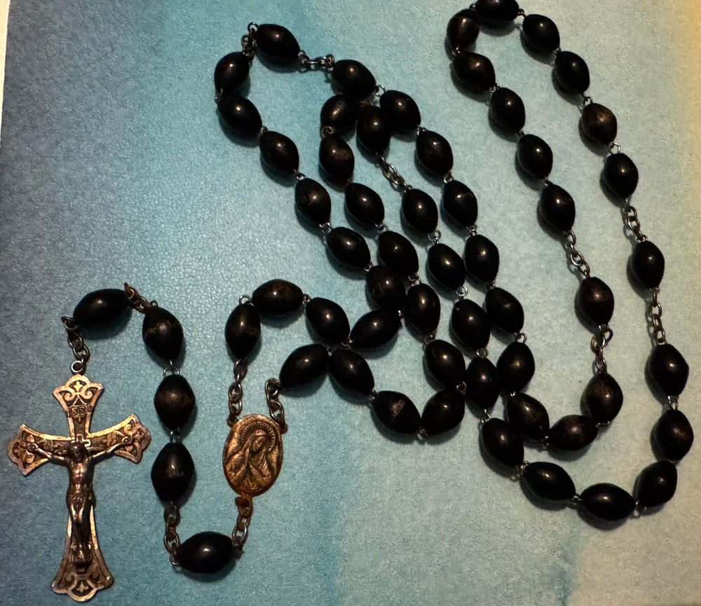 RARE VINTAGE CATHOLIC NUNS STERLING SILVER & BLACK HABIT ROSARY