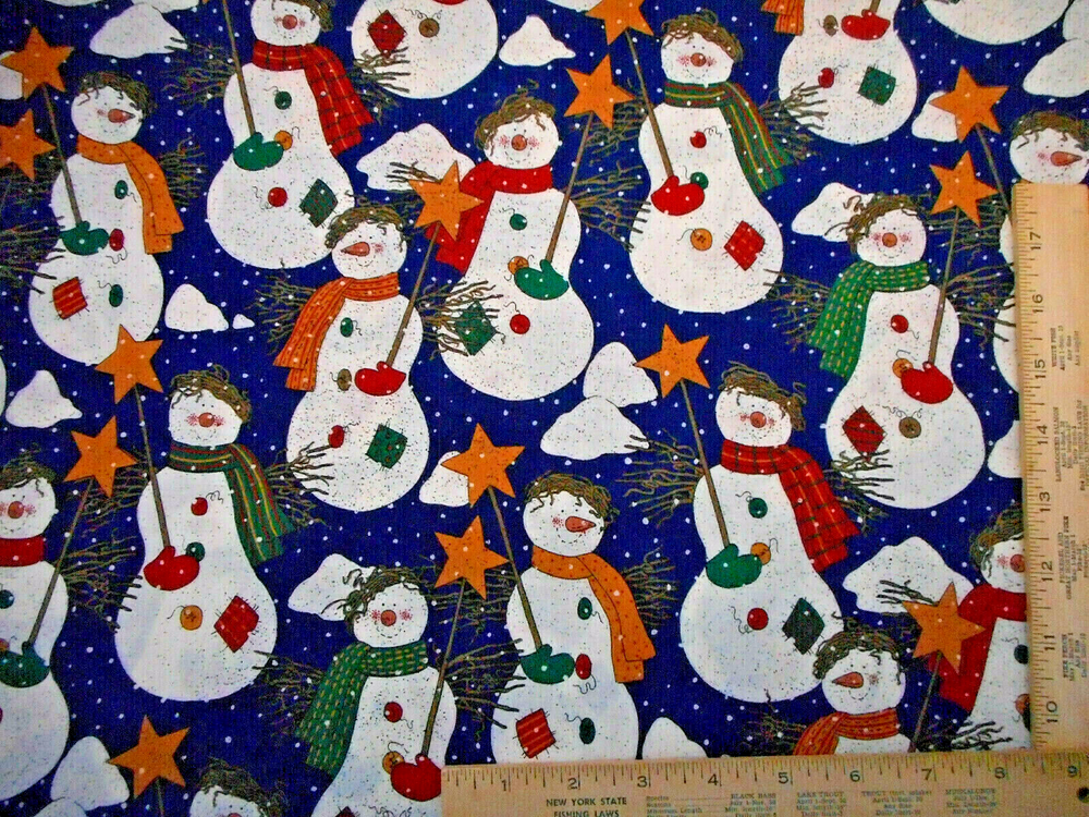 Christmas Fabric 1 Yard Snowmen/Angels Stars Snow on Navy Blue Cotton #27 Vtg