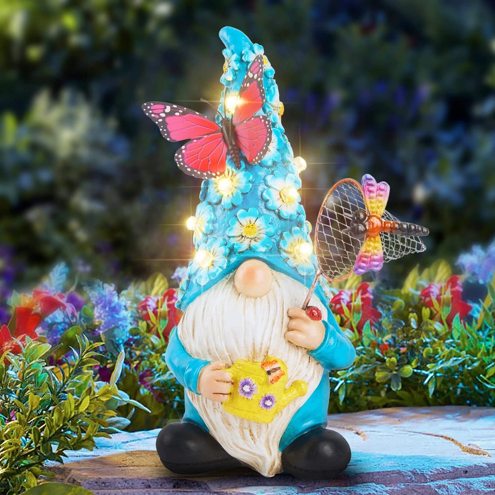 Solar LED Lighted Garden Gnome Statues with Butterfly Outdoor Décor