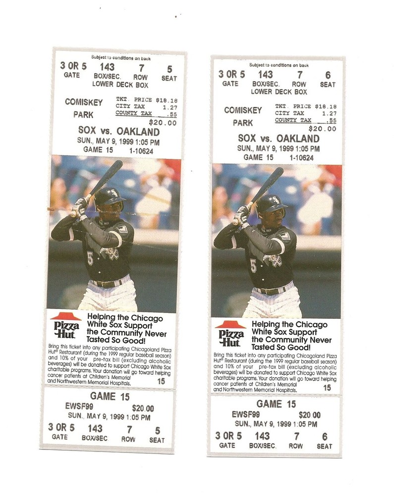 Chicago White Sox vs Oakland A's unused Baseball Tickets from 5/9/1999