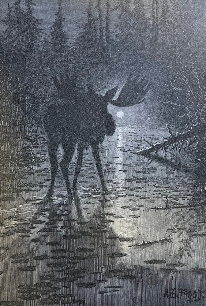1886 Vintage Magazine Illustration Moose Hunting by A. B. Frost