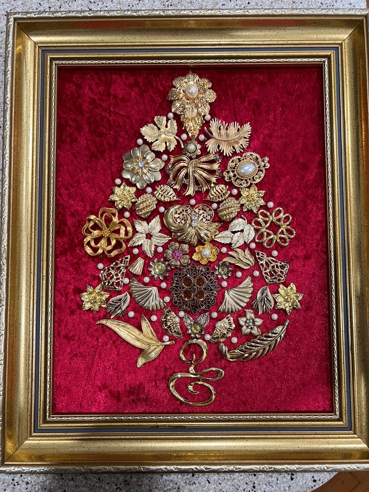 Framed Christmas Tree made with Vintage Costume Jewelry