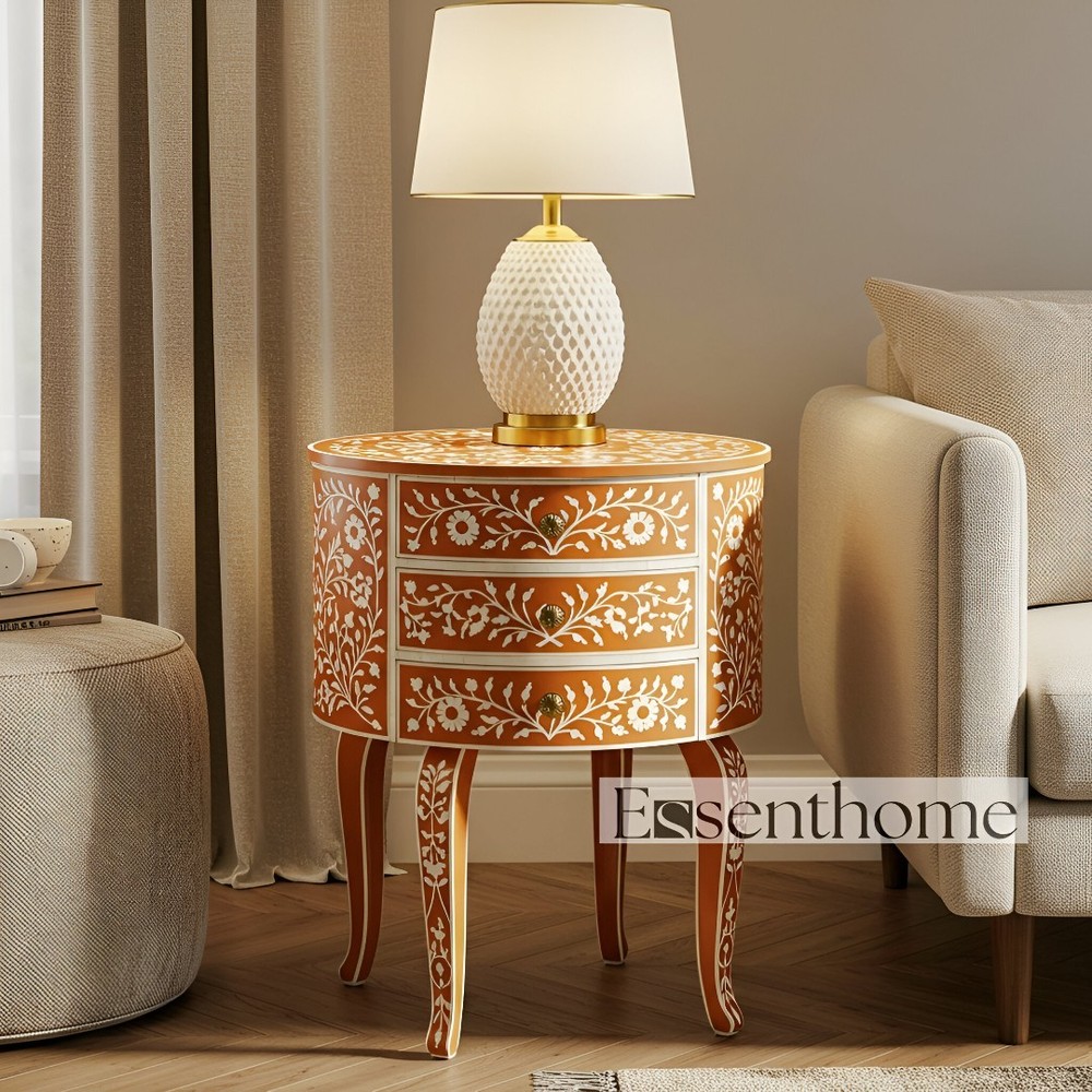 Handmade Bone Inlay End Table – Orange Floral Round 3 Drawer Accent Side Table