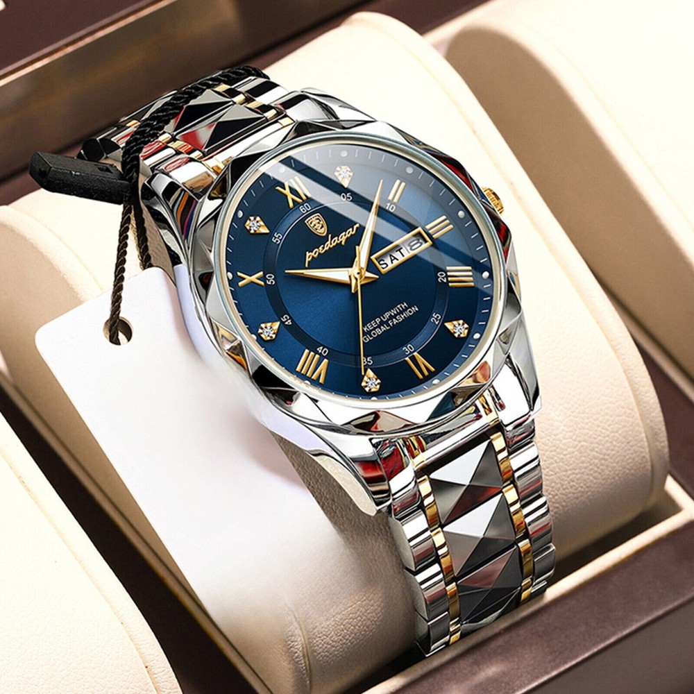 Men's Luminous Stainless Steel Date Watch 3 ATM Waterproof Quartz Wristwatch
