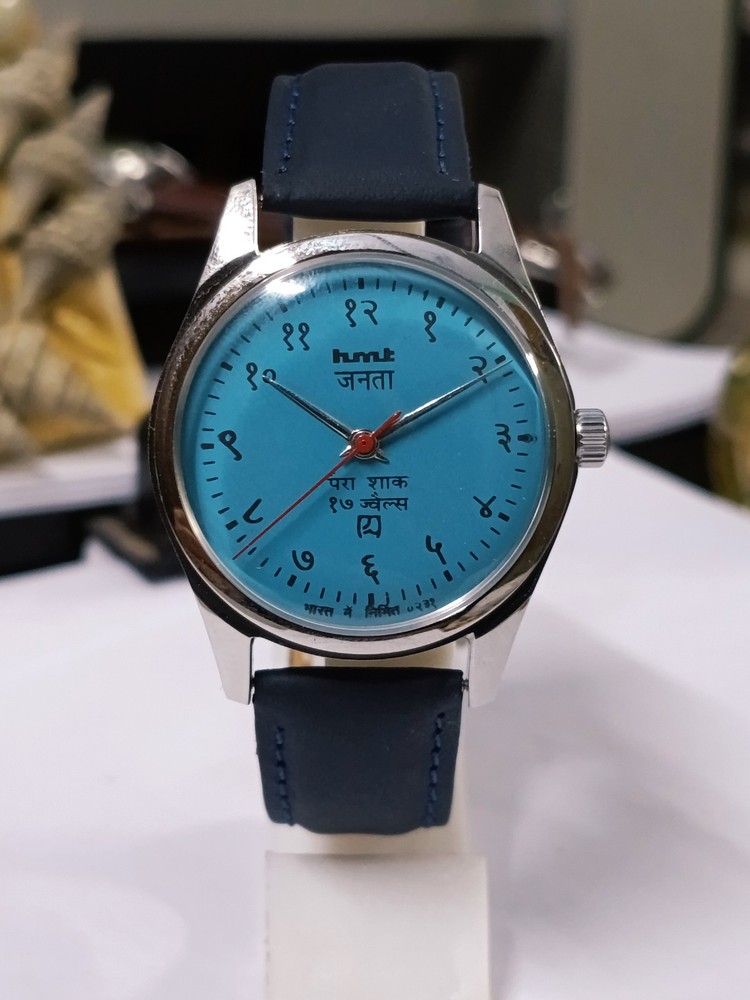 Hand Winding Vintage Hmt Janata Devanagari Blue Dial Mechanical Watch For Mens