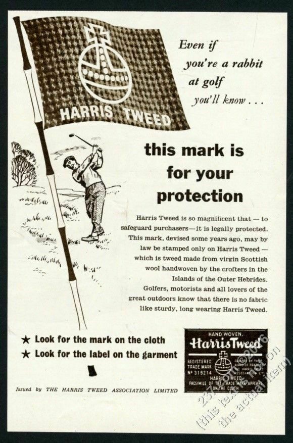 1953 Harris Tweed fashion golf course golfer art vintage print ad