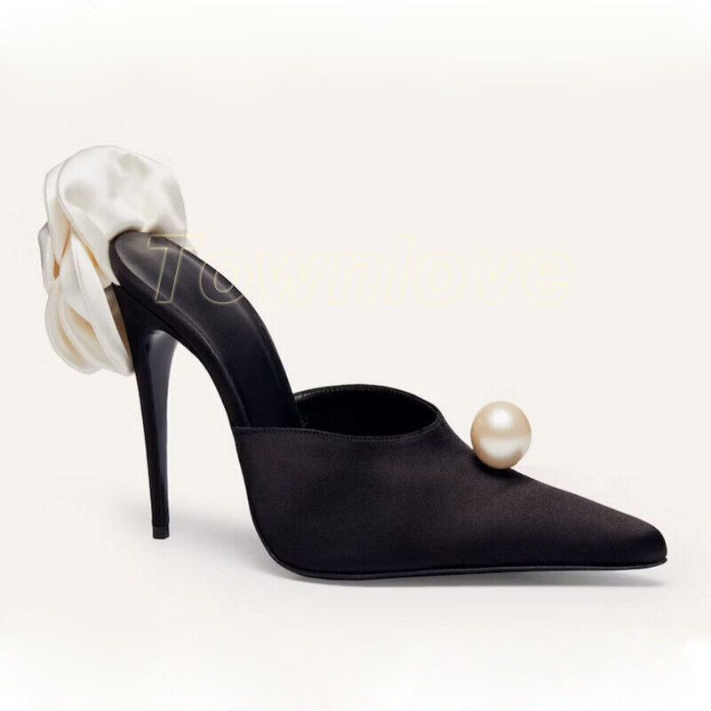 Sexy Women's Flower Pearl Faux Leather Pointed Toe Stiletto Heel Slip On Shoes