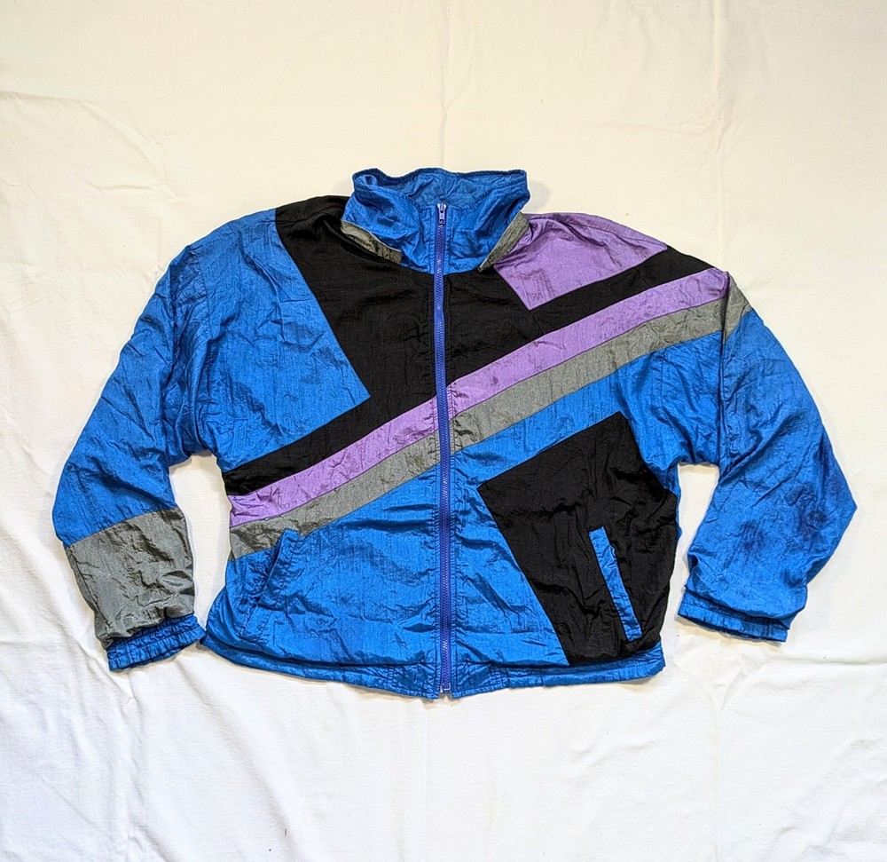 Vintage 80s 90s Colorful Blue Gray Purple Black Ski Windbreaker Jacket