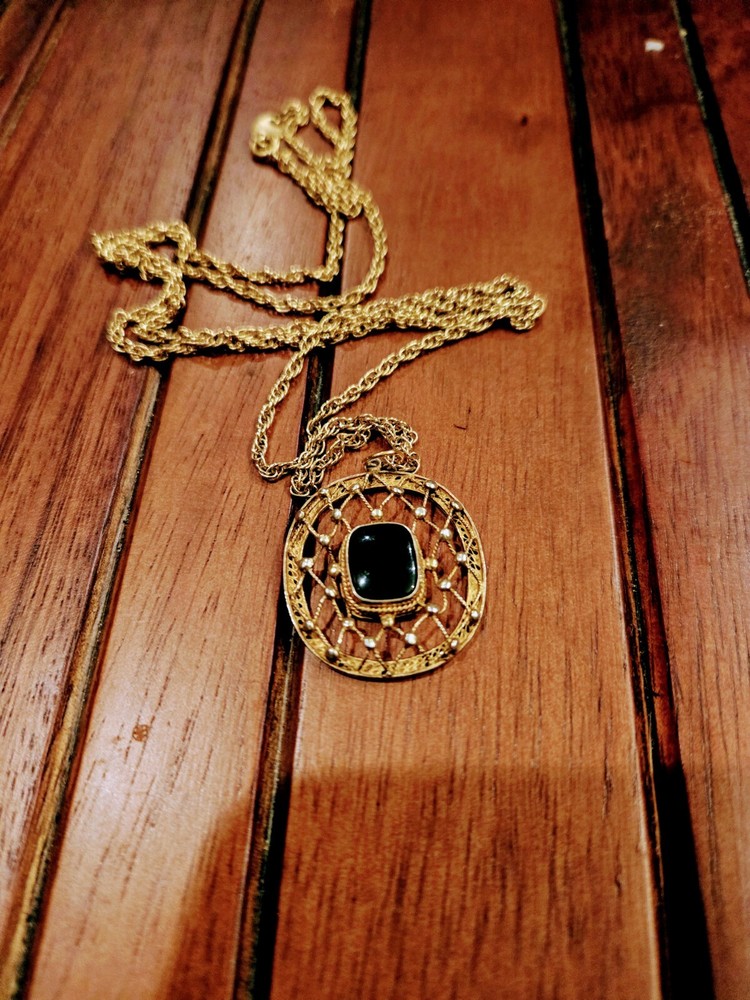 Onyx In Gold Plate Pendant On GP Chain Necklace