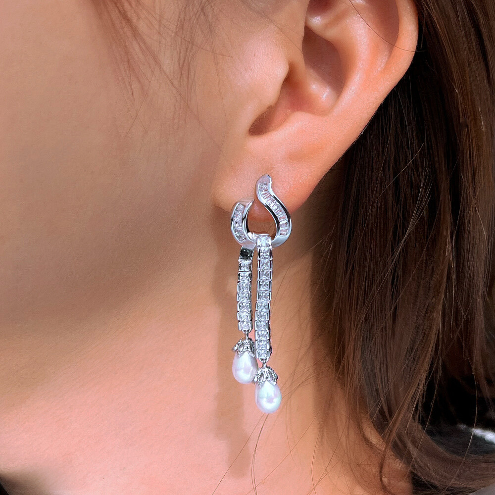 Silver Plated Cubic Zirconia Long Tassel Dangle Pearl Earrings for Women Wedding