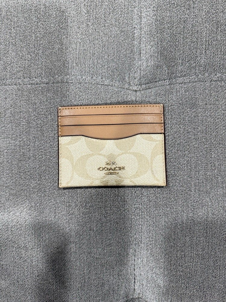 COACH CH415 Slim ID Card Case in Signature Canvas & Leather Gold Light Khaki Saddle