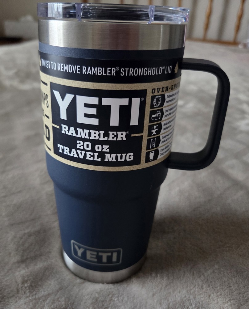Yeti Rambler 20 oz Travel Mug, Stronghold Slide Lock Lid, Handle, Navy