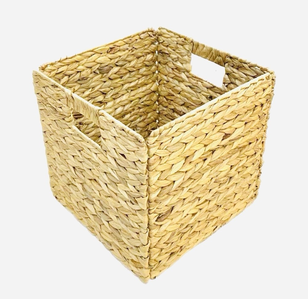 Woven Hyacinth Cube Storage Bin with Handles Tan Wicker Organizer Pack 1