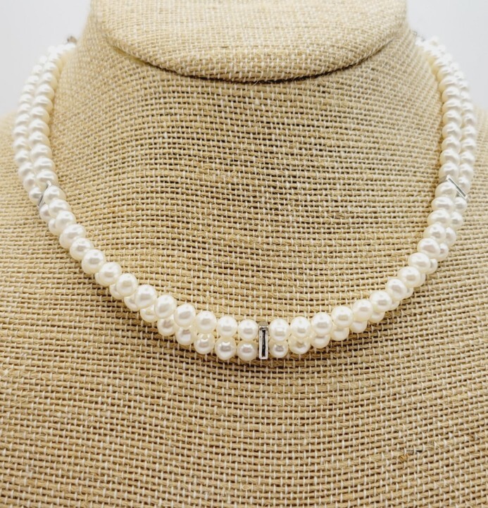Cultured Pearl Choker Necklace New $130 Double Row Crystal Accent