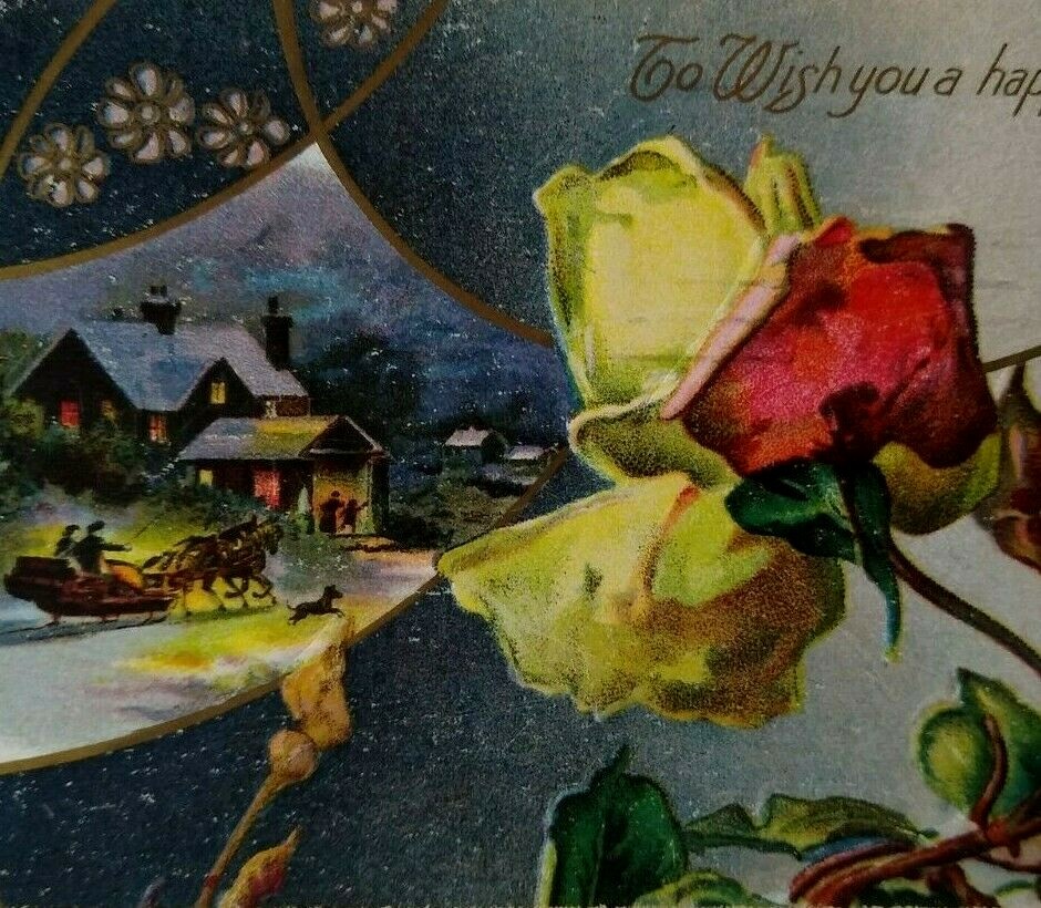 Vintage New Years Postcard Yellow Red Roses Flowers Horse Carriage Riders 1909-image