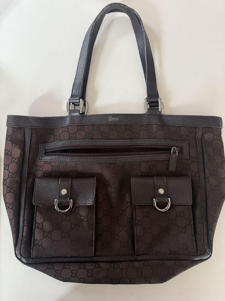 GUCCI GG Canvas Tote Bag with Leather Trim Dark Brown Women's Japan Import