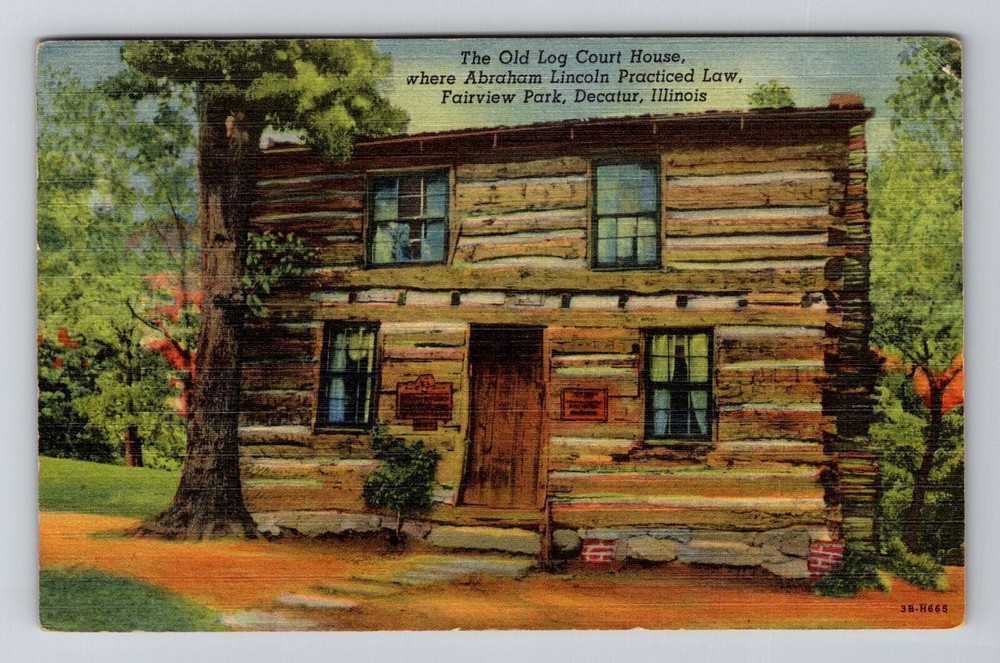 Decatur IL Old Log Court House Vintage 1955 Souvenir Postcard