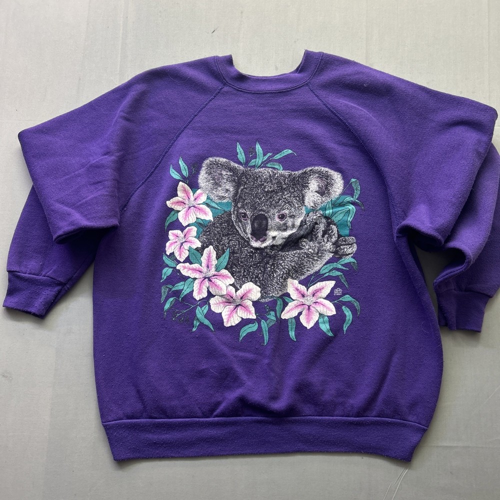 Vintage LSJ Nature Crewneck Sweatshirt 80’s USA Purple Tultex Koala Bear Large