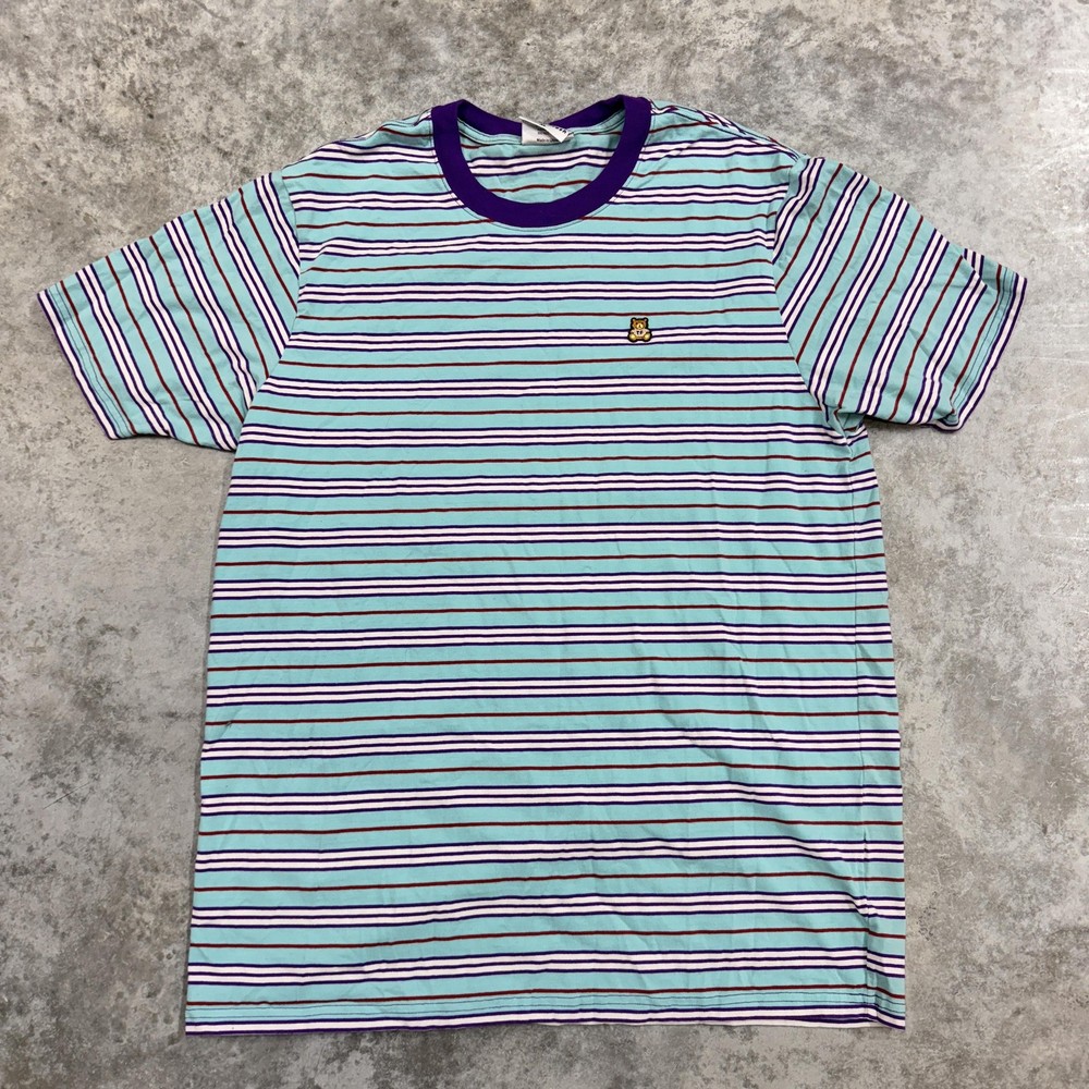 Teddy Fresh Shirt Mens XL Aqua Purple Stripe Ringer Embroidered Bear Logo Tee