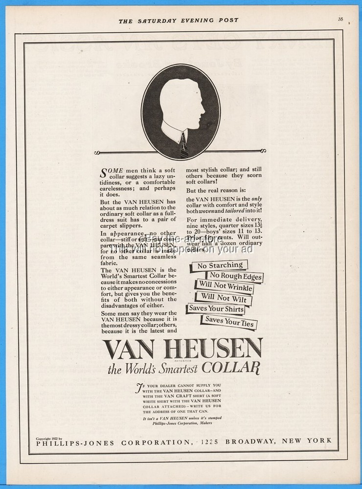 1922 Phillips Jones New York Van Heusen Shirt Collar Men's Fashion Clothing Ad