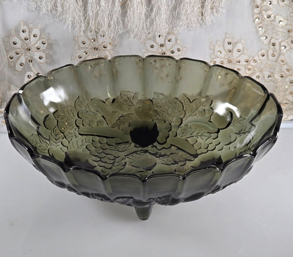 Vintage Smoked Black Indiana Glass Fruit Bowl 12 Inch
