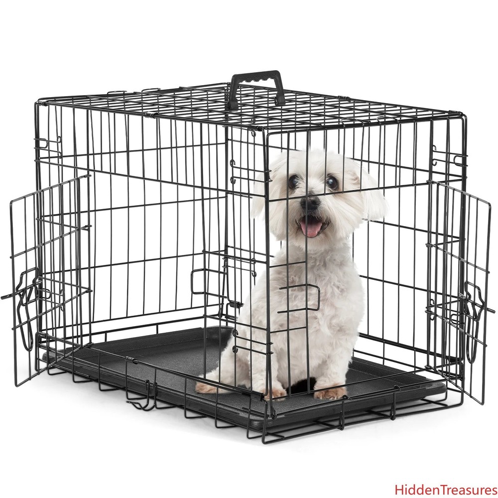 Double Door Foldable Metal Wire Dog Crate with Divider-image