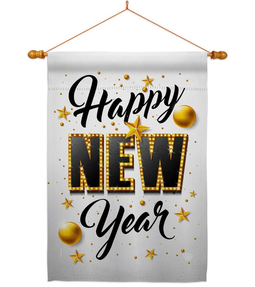 Happy New Year House Flag Dowel Set Winter Clock Countdown Champagne Party Fi...