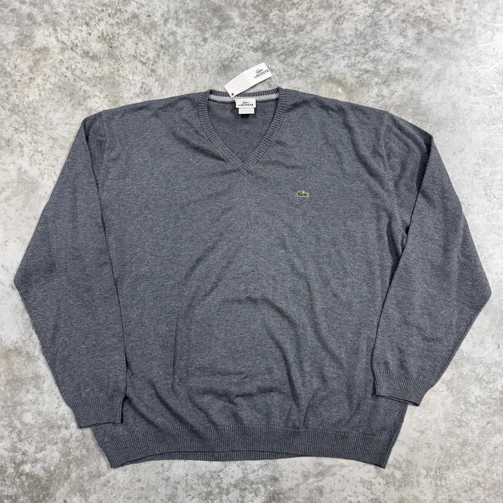 Lacoste Sweater Mens 3XL Gray V Neck Long Sleeve Knit Pullover Croc Logo
