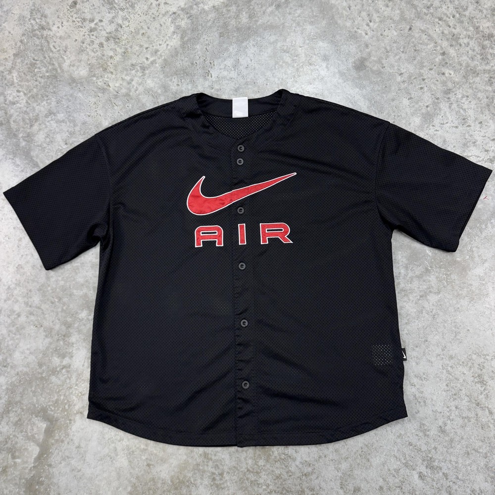 Nike Air Shirt Mens Medium Black Button Up Baseball Jersey Swoosh Athletic Mesh