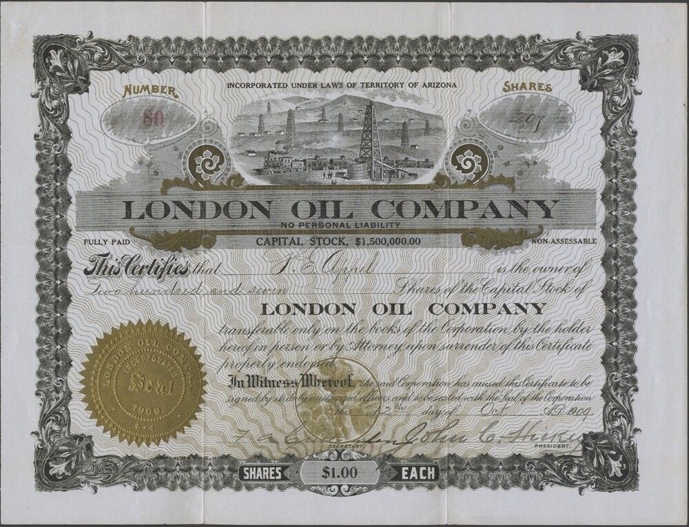U.S., 1909. Arizona Stock Certificate, London Oil Company