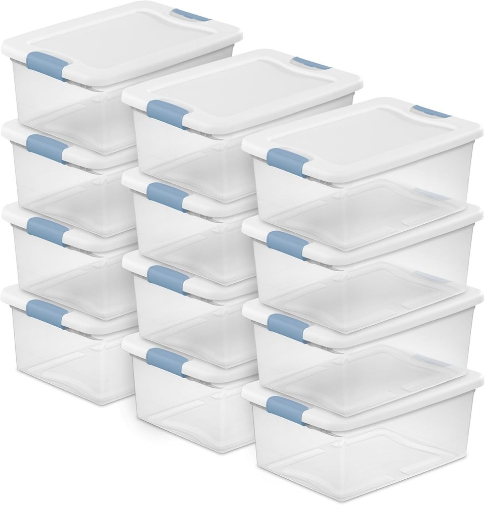 Sterilite 12-Pack Latching Box, Under Bed Storage Bins with Lids, Clear Plastic,