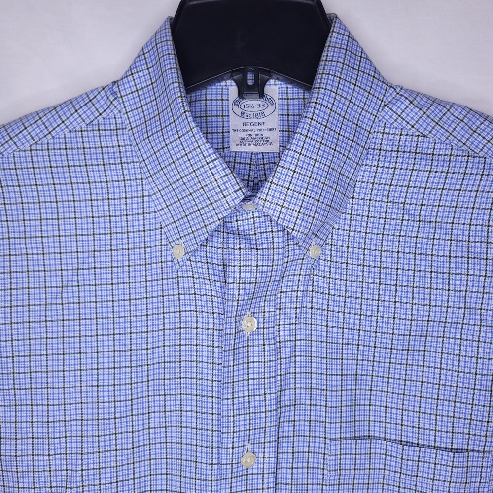 Brooks Brothers Dress Shirt Mens 15.5 Blue Check Regent Supima Cotton Non Iron