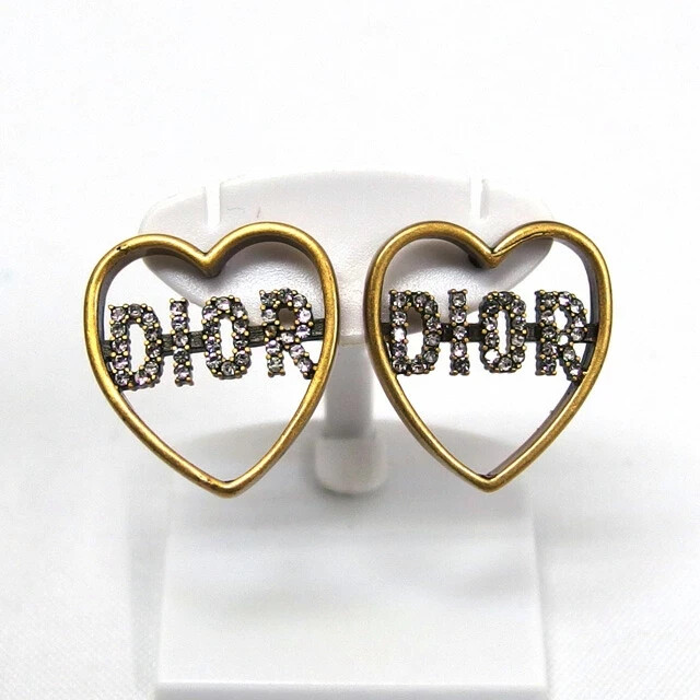 Christian Dior Open Heart Logo Gold Plated Rhinestone Authentic