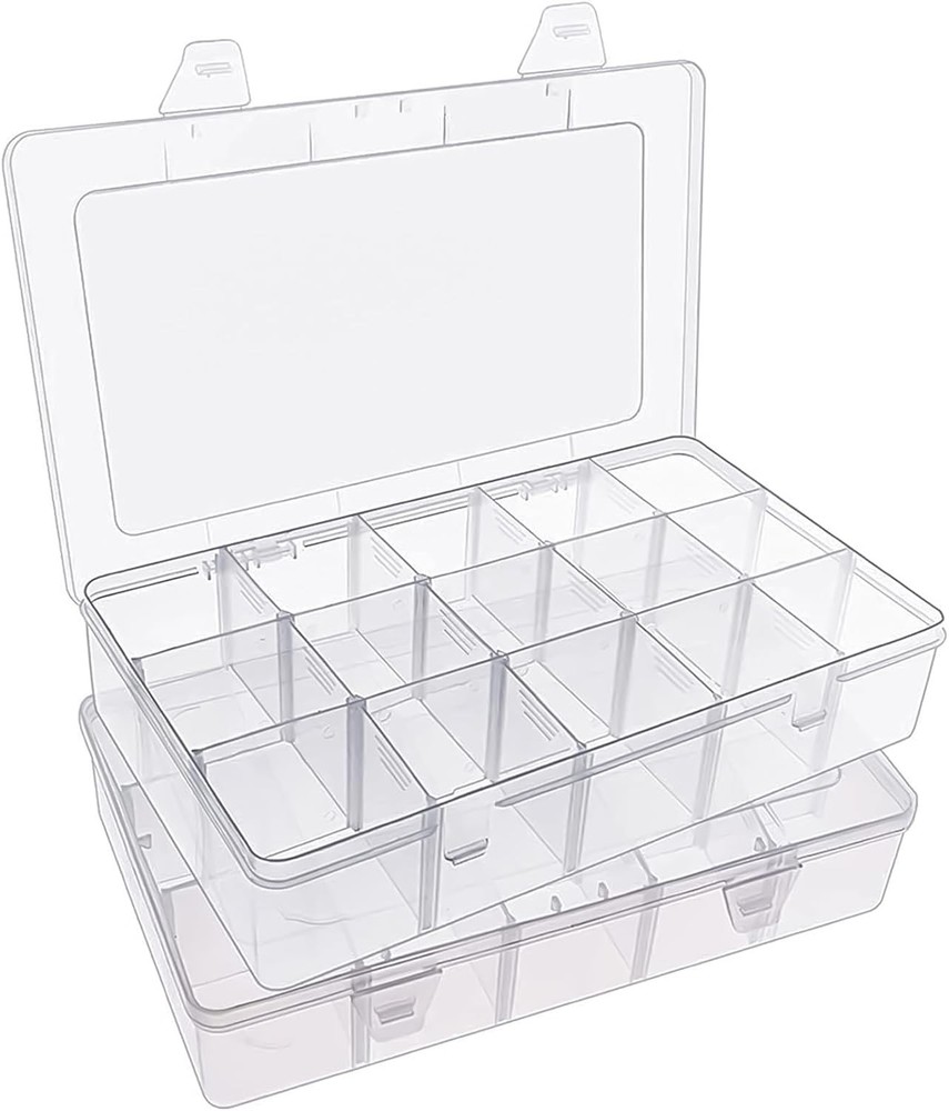 2-Pack Large Clear Plastic Bead Organizer with 15 Grids