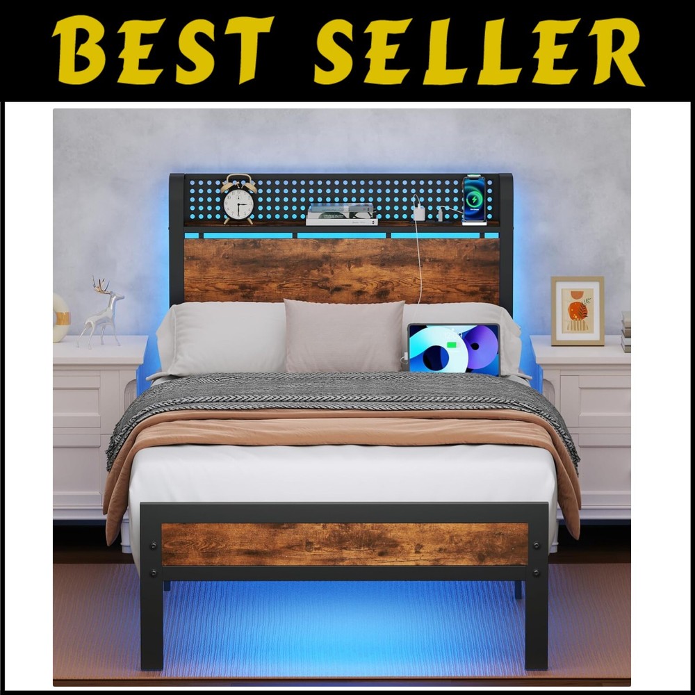 Twin Metal Bed Frame with Adjustable LED Lights and Smart Storage Solutions