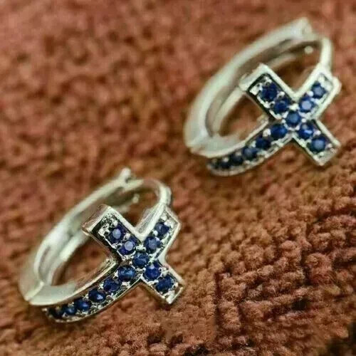 2Ct Round Lab-Created Blue Sapphire Diamond Hoop Earrings 14k White Gold Plated