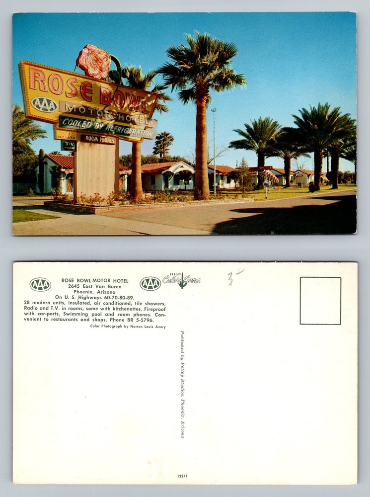 Vintage Phoenix Rose Bowl Motor Hotel Palm Trees Postcard