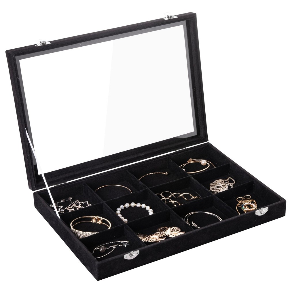 Velvet Jewelry Tray with 12 Grids and Clear Lid for Bracelets & Organizing