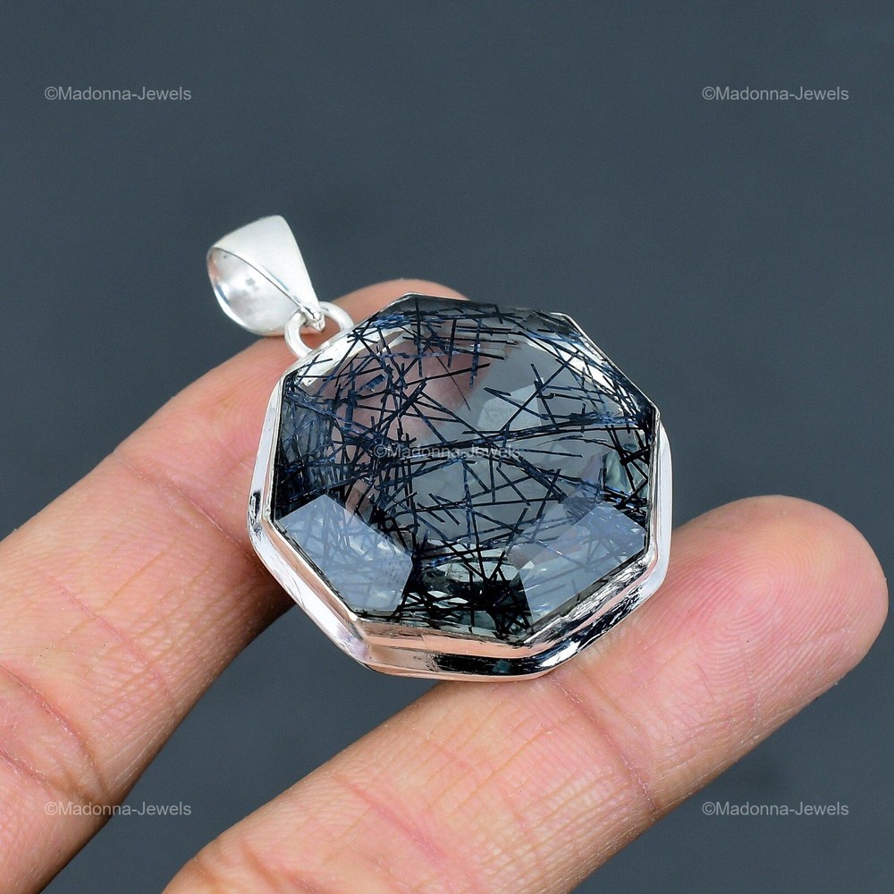 Mothers Day Gift Black Rutile Gemstone Pendant in 925 Sterling Silver-image