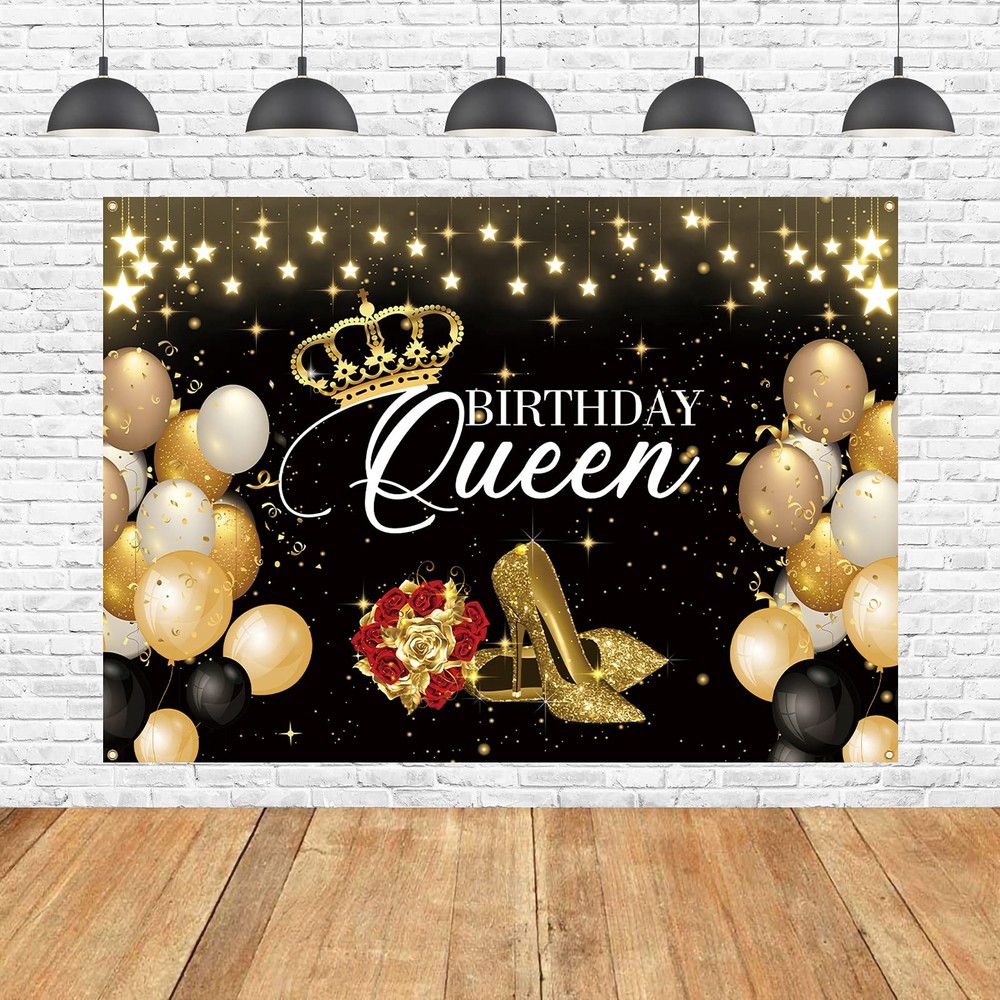WHPCT Black Gold Birthday Backdrop Banner, Queen Birthday Backdrop Background...