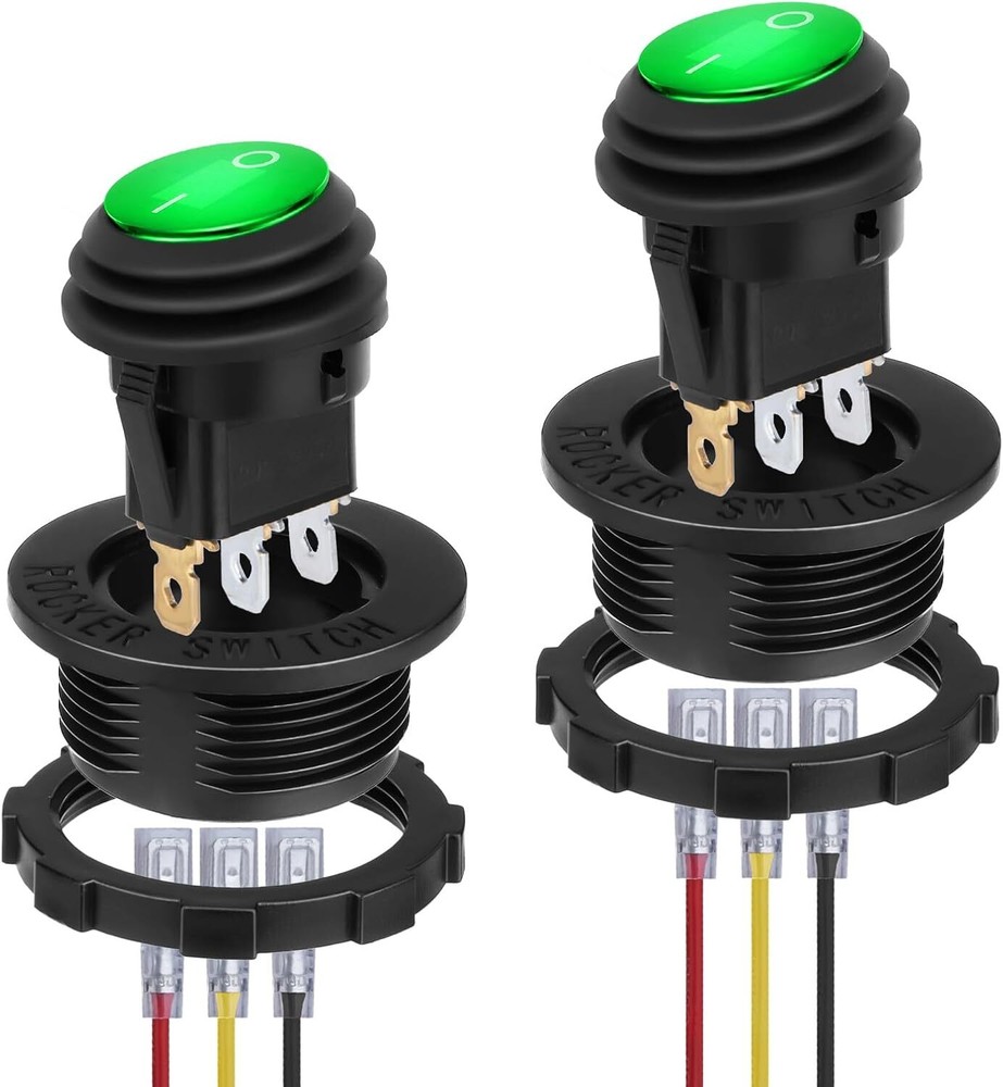 Round Rocker Switch, 12V Toggle Waterproof Lighted 2 pcs, Green 2pcs