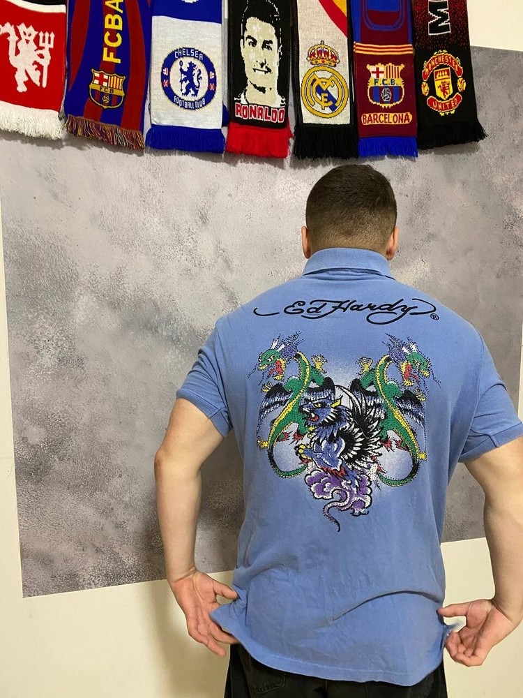 Vintage Y2K Ed Hardy Christian Audigier Blue Logo Polo Shirt XXL