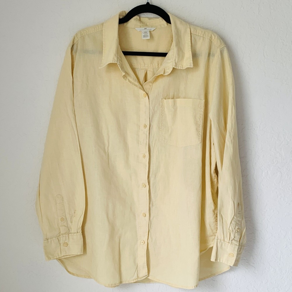 H&M Linen Blend Button Down Shirt Men XL Yellow Long Sleeve Lightweight Beach