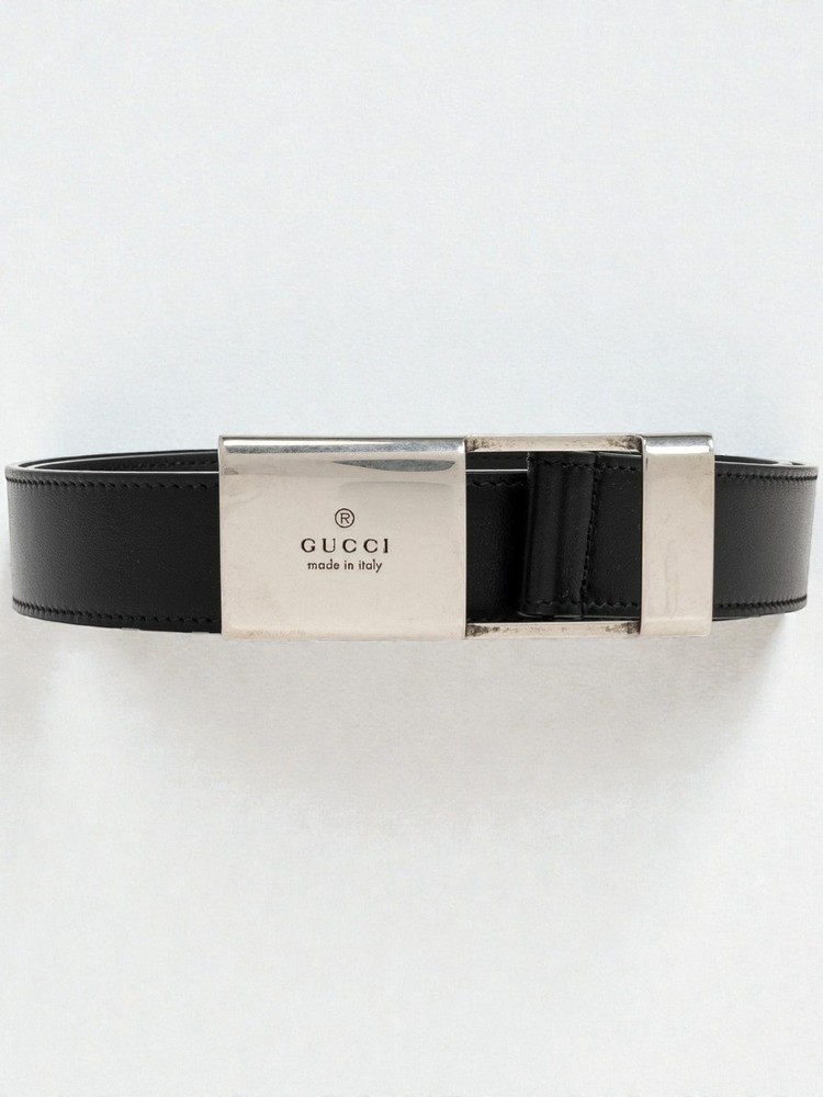 NWT Gucci Square Buckle Logo Leather Black Belt Size US38 IT95 Authentic