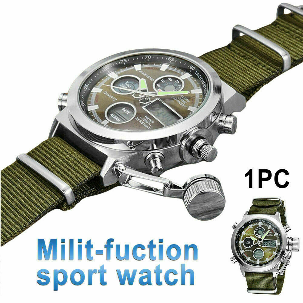 Men Military Wrist Watch Army Green Analog Digital Quartz Nylon Canvas US Stock