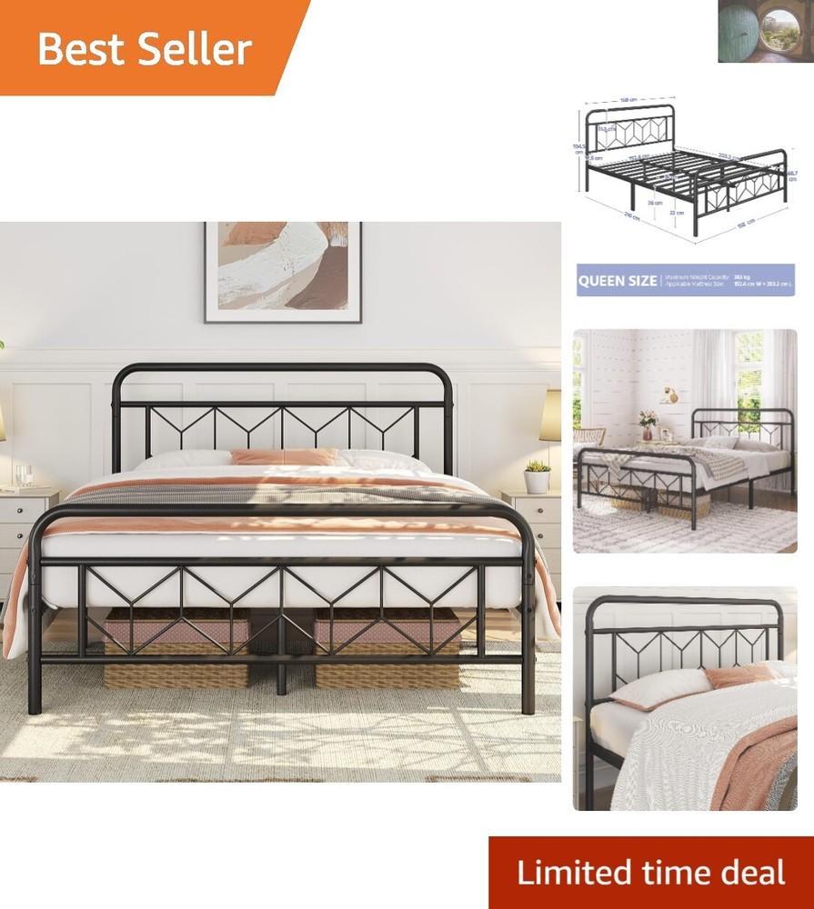 Elegant Queen Size Metal Bed Frame with Diamond Headboard - No Box Spring Needed