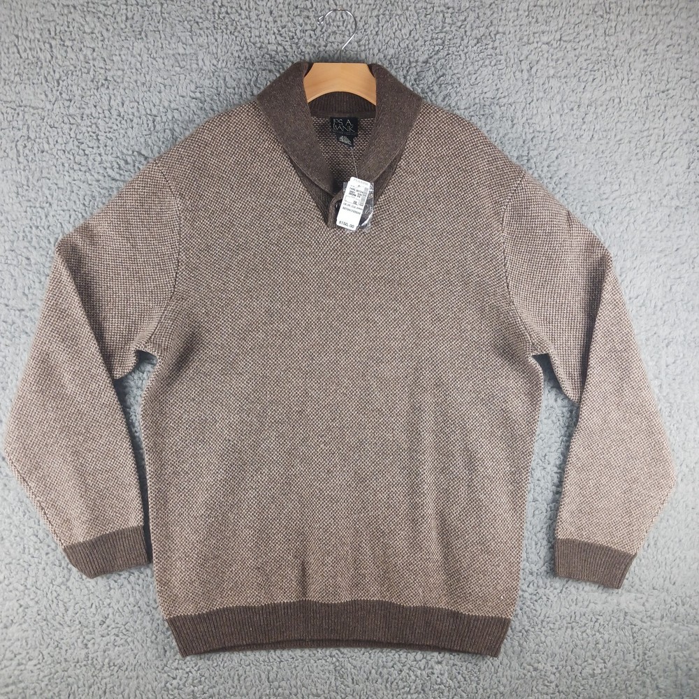 Jos. A. Bank Pullover Mens 2XL Brown Taupe Wool Shawl Collar Sweater Knit V Neck
